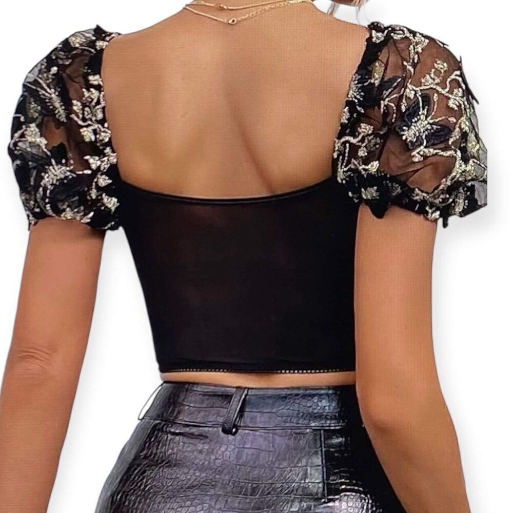 Black Floral Lace Sheer Bustier Corset Top NWT - Picture 2 of 4